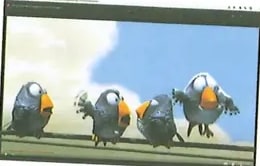 Captura de pantalla del cortometraje animado disponible en lynk.ec/8y23. Se ven tres personajes de pájaros animados con colores vivos (uno azul, uno naranja/rojo, uno amarillo) sobre un fondo de cielo azul. La imagen aparece enmarcada como una captura de video.