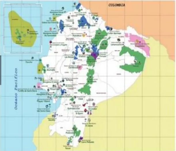 Mapa del Ecuador con ubicaciones de las áreas protegidas del SNAP.