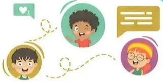Ilustración de escuela con patio de juegos y niños.