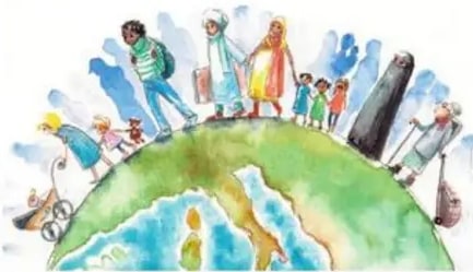 Mundo con migrantes caminando con maletas.