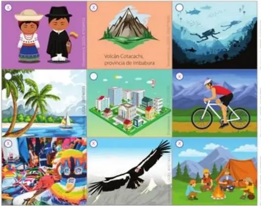 Cuadrícula 3x3 de imágenes para seleccionar las que corresponden a Imbabura: pareja Otavalo, Volcán Cotacachi, buceo, palmeras, edificios, ciclista, carnaval, cóndor, camping.