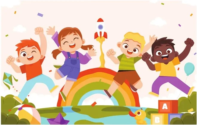 Ilustración de cuatro niños celebrando con un cohete y un arcoíris.