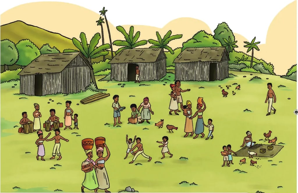 Ilustración de una comunidad afroecuatoriana en su entorno rural: chozas con techo de paja, personas adultas y niñas/niños jugando o caminando, gallinas, vegetación tropical.