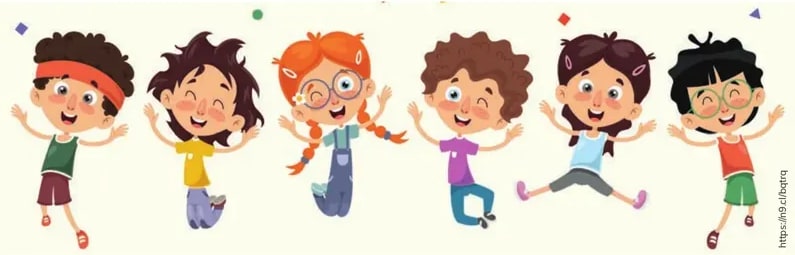 Seis niños saltando alegremente con ropa de colores diversos.