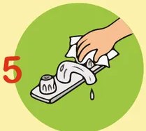 Ilustración del paso 5: mano cerrando el grifo con papel toalla, numerada con el dígito 5.