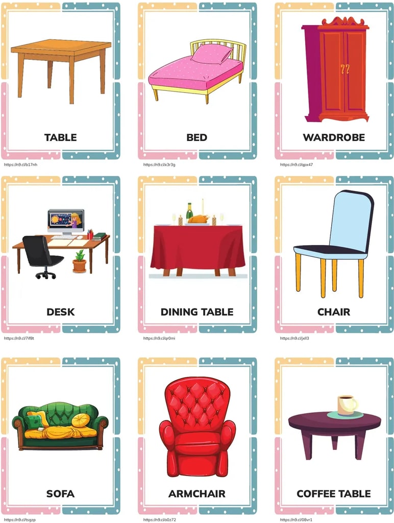 Nueve tarjetas ilustradas con muebles del hogar.