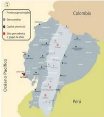 Mapa del Ecuador con sitios precerámicos marcados (Las Vegas, El Inga, Cubilán, Chobshi).