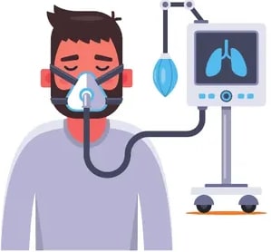 Personaje con máscara de oxígeno conectado a un equipo médico con figura de pulmones (problemas respiratorios).