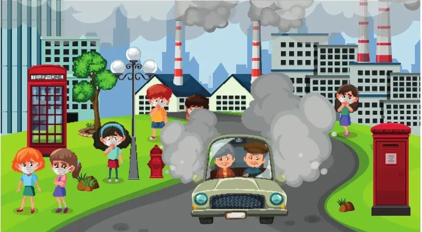 Escena urbana con cabina telefónica roja, casas y fábricas humeantes; varios niños con tapabocas y un coche viejo emitiendo humo.