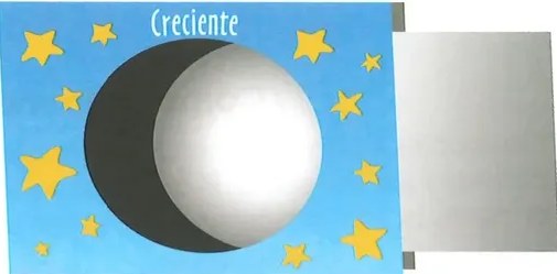 Tarjeta ilustrativa de la luna llena: círculo gris claro completo con cara sonriente (ojos punteados y mejillas rosadas). Fondo azul celeste con estrellas amarillas de cinco puntas. Etiqueta superior: 'Luna llena'. La tarjeta tiene un efecto de página doblada en la esquina derecha.