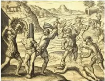 Ilustración de T. De Bry (1598) en el libro de Bartolomé de las Casas: abusos contra indígenas.