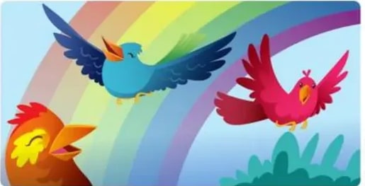 Ilustración de tres pájaros coloridos volando frente al arcoíris.
