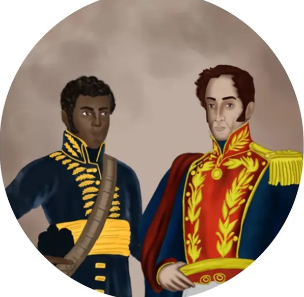 Retrato doble: un líder haitiano (uniforme oscuro) junto a Simón Bolívar (uniforme rojo y azul con condecoraciones).