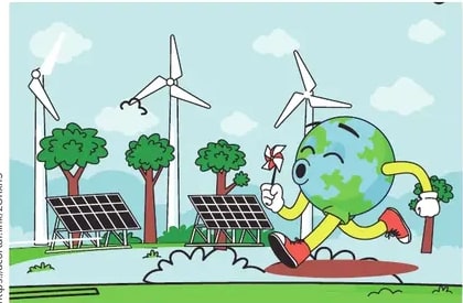 Personaje 'planeta Tierra' personificado corriendo con un molino, junto a paneles solares y turbinas eólicas.