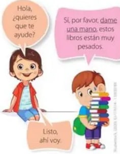 Dos escenas: niño cargando libros / madre e hija armando un puzzle con globos de diálogo.