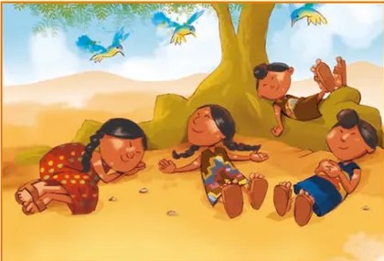 Grupo de niños despertando con expresión de asombro. Notas musicales flotando en el ambiente. Algunos hablan entre sí con globos de diálogo sorprendidos de haber soñado lo mismo.