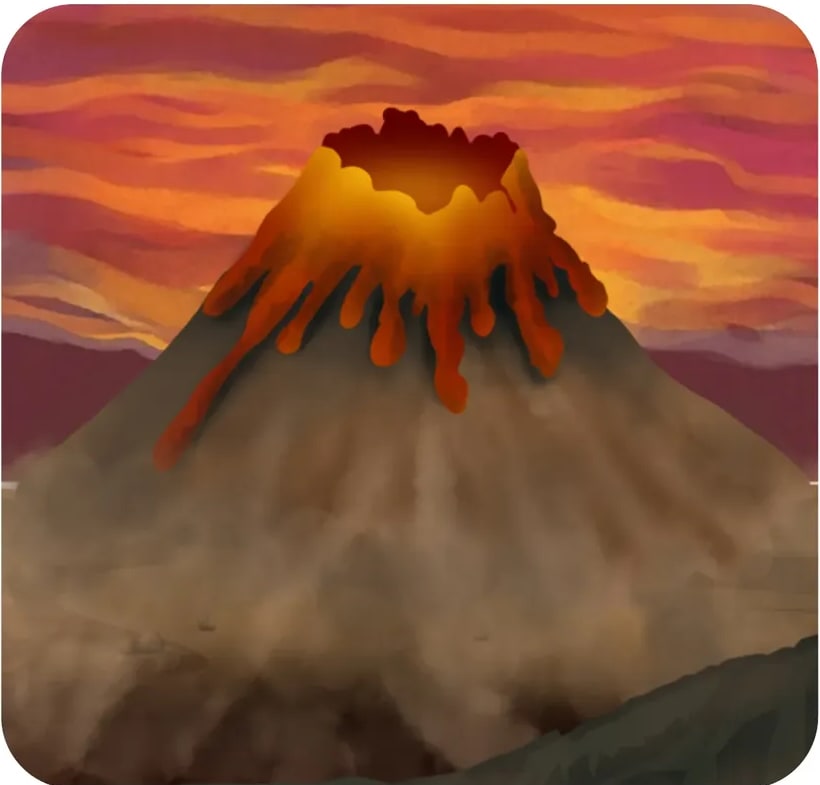 Ilustración de un volcán activo con lava y cielo encendido en tonos rojos y amarillos.