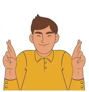 Hombre con camisa amarilla cruzando ambos dedos índice y medio (gesto crossed fingers).