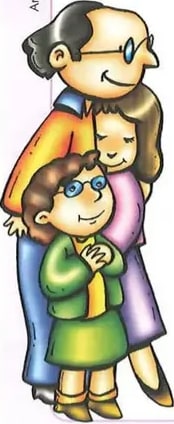 Ilustración de abuelo, abuela y niño abrazados.