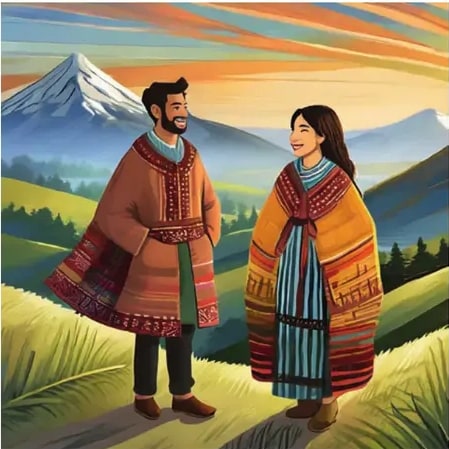 Ilustración de un hombre y una mujer indígenas sudamericanos con ponchos y vestidos tradicionales, conversando en un paisaje montañoso.