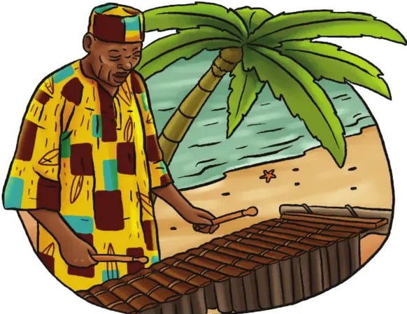 Ilustración de Papá Roncón, músico afroesmeraldeño, tocando un instrumento.
