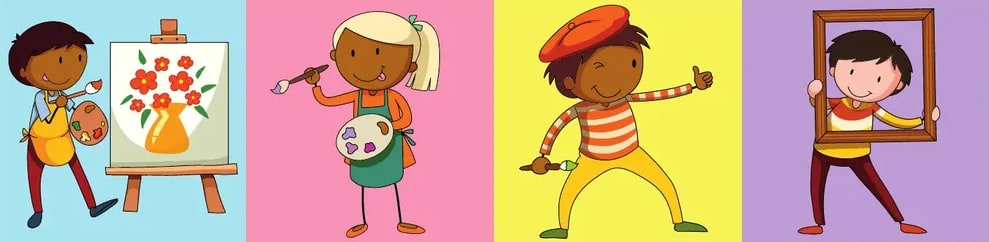 Cuatro ilustraciones de niños expresándose con arte: uno pinta flores en un caballete, otra sostiene paleta y pincel, un tercero posa como mimo y un cuarto sostiene un marco vacío.