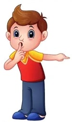 Tarjeta con niño llevando el dedo a la boca pidiendo silencio (QUIET).