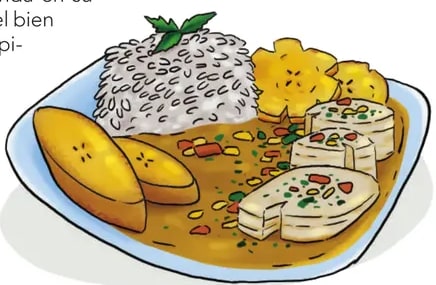 Ilustración de un plato típico afroecuatoriano con arroz, fréjol/guandul, plátano y porciones de carne/pescado, servido en plato decorativo.