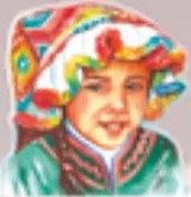 Ilustración de un niño con sombrero de ala ancha abrazando a un gato gris, ilustrando el ejemplo 'Phisijaxa Kusi satawa' (Mi gato se llama Kusi).