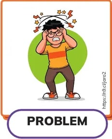 Tarjeta con un personaje con las manos en la cabeza y rayos amarillos (PROBLEM).