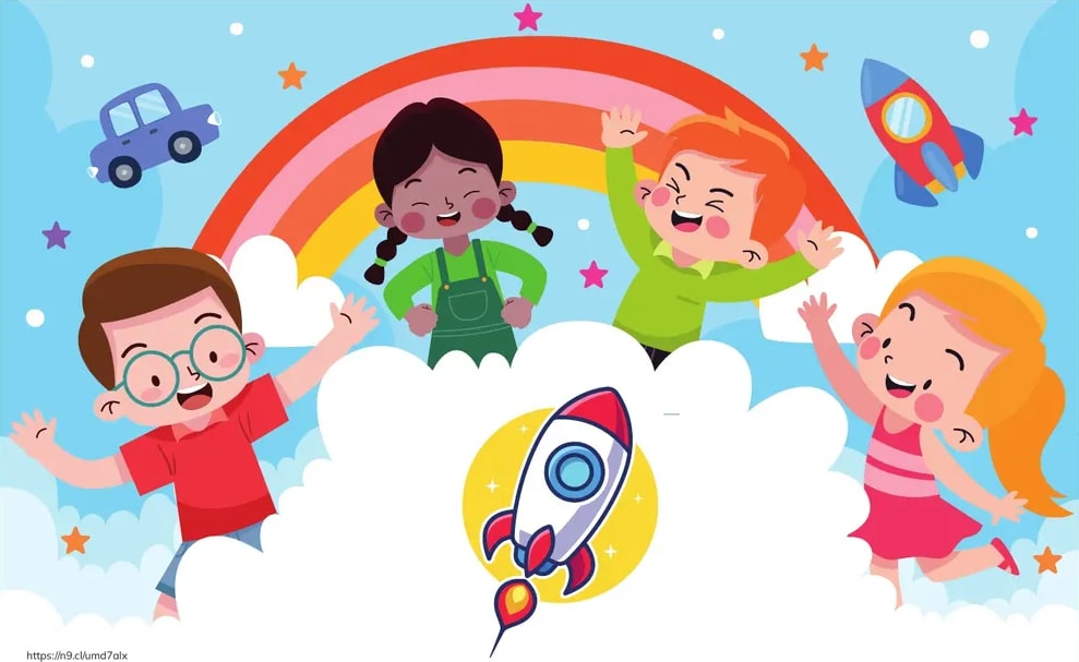 Ilustración alegre de cuatro niños saltando sobre nubes frente a un arcoíris, con un auto, una estrella y un cohete decorando la escena.