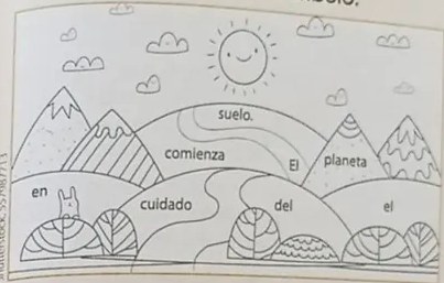Cuatro recuadros con palabras: incendio, reforestación, plaguicidas, humus.