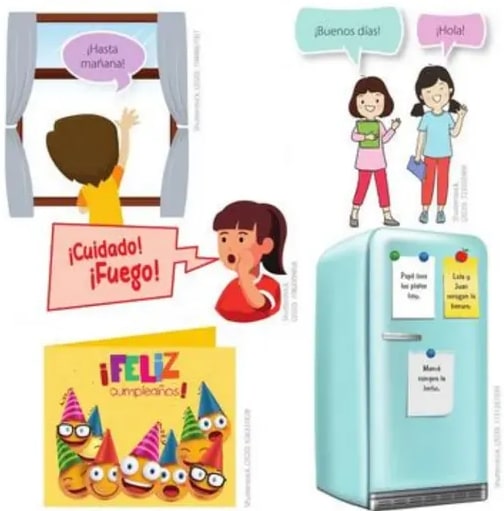 Ilustración de notas refrigerador con mensajes (¡Hola!, ¡Cuidado! ¡Fuego!, Buenos días)