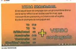 Captura de pantalla de un video o infografía sobre verbos pronominales en lynk.ec/8y25. Muestra texto sobre verbos pronominales con una tabla de pronombres y el texto 'VERBO conjugado' en un recuadro naranja.