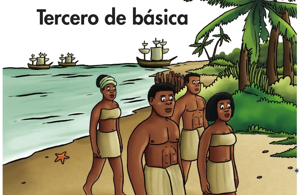 Ilustración a color a sangre: tres personas afrodescendientes (un niño, un hombre y una niña) caminan por una playa de arena clara con palmeras a la derecha y, al fondo, dos veleros antiguos en el mar (evocando la trata transatlántica). Título 'Tercero de básica' en blanco sobre el cielo.