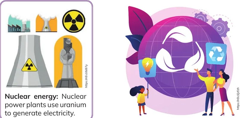 Ilustración de un mundo con símbolos de reciclaje y personas debatiendo sobre energía.