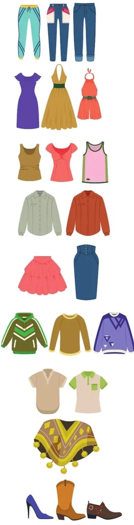 Nueve filas de ilustraciones de prendas: pantalones, vestidos, blusas/camisetas sin manga, camisas, faldas, suéteres y hoodies, camisetas tipo polo, poncho tradicional, y zapatos (tacones, botas, mocasines).