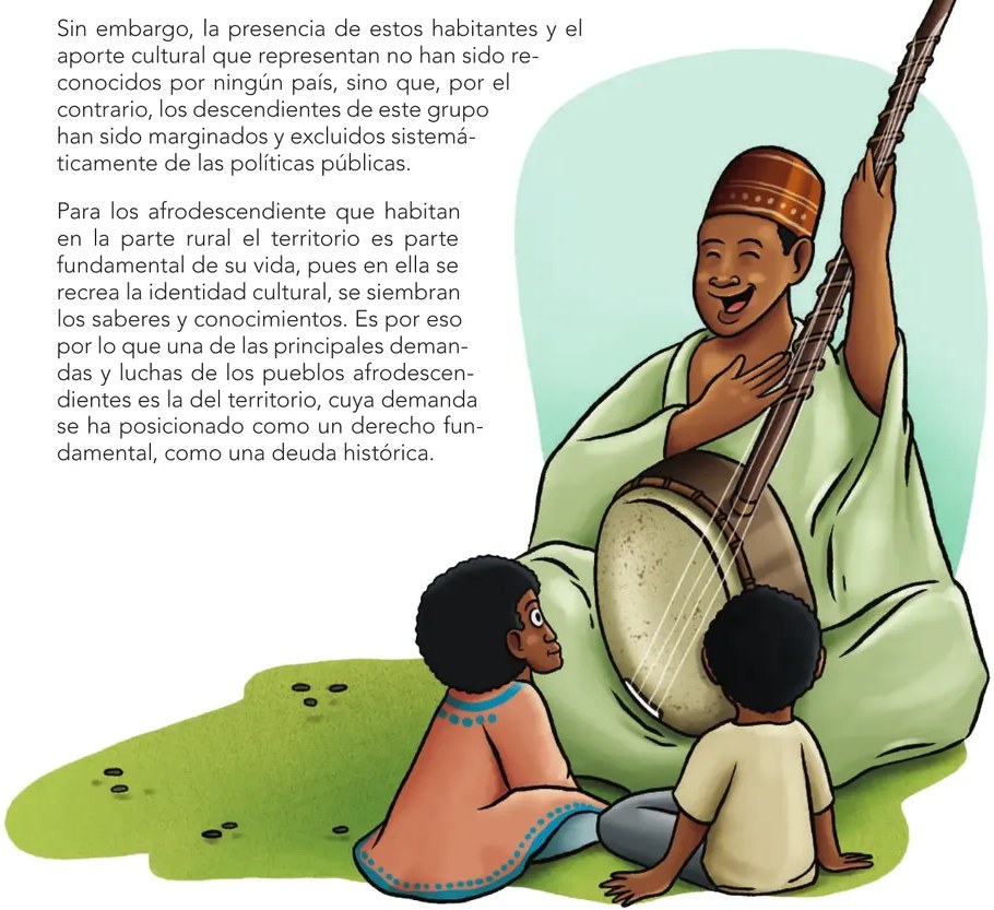 Ilustración de un anciano afrodescendiente tocando un instrumento de cuerdas tipo arco mientras dos niños afrodescendientes lo escuchan sentados a sus pies, evocando la transmisión oral de saberes.