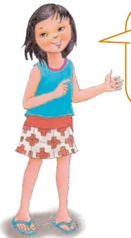 Ilustración de niña (Lucía) con blusa azul y falda floreada, señalando hacia Esteban mientras habla.