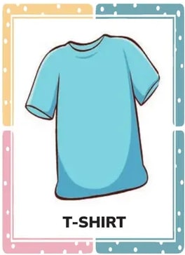 Tres tarjetas: T-SHIRT (camiseta azul), SWEATER (suéter verde) y HOODIE (sudadera roja con capucha).