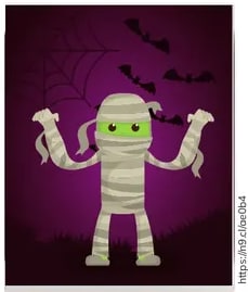 Momia (mummy) con fondo morado, telarañas y murciélagos. Recuadro verde para el número.