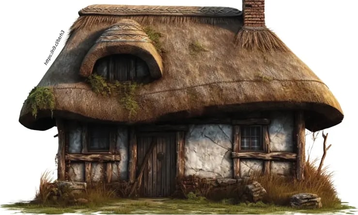 Pequeña casa rural con techo de paja muy alto, paredes blancas con vigas de madera, y chimenea de ladrillo (ejemplo de casa con techo de paja).