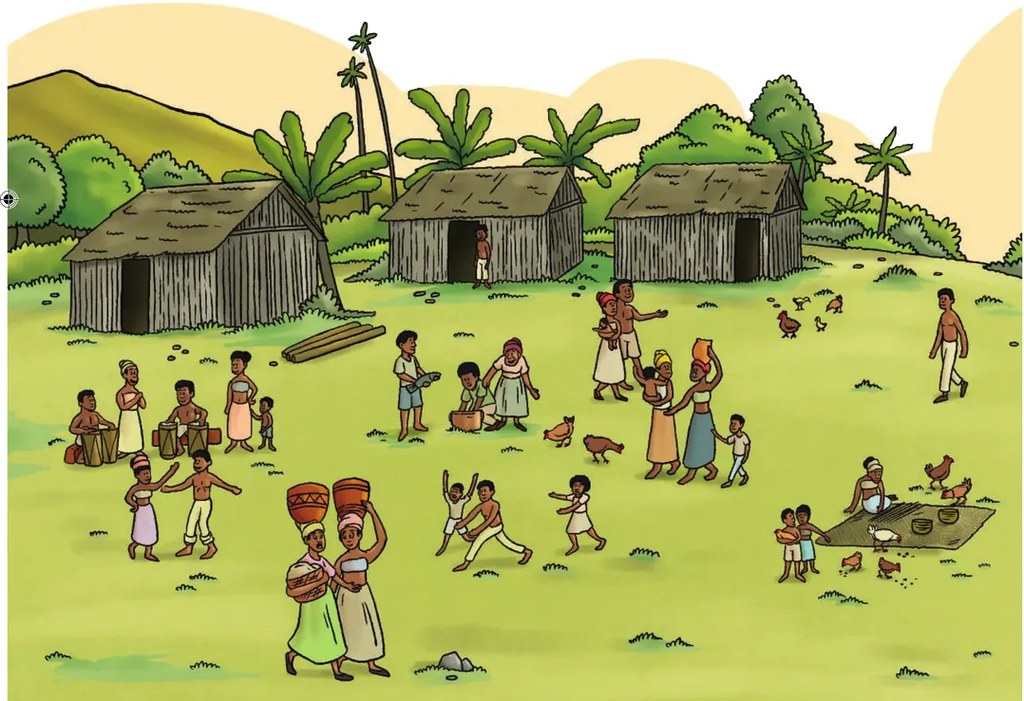 Ilustración de una comunidad afroecuatoriana ancestral con casas de techo de paja, personas en diversas actividades (mujeres con cestos en la cabeza, niños jugando, hombres conversando, gallinas) en un entorno verde con montañas.