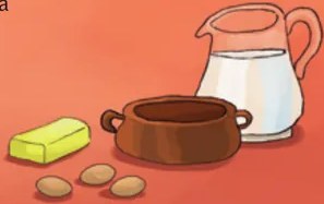 Ilustración de ingredientes: jarra de leche, mantequilla/manteca, cuenco de barro y huevos sobre fondo naranja/terracota.