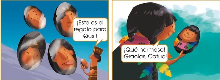 Ilustración de un niño con sombrero y ropa verde, que representa al personaje guía o maestro del cuadernillo, señalando la caja de pista sobre los globos de diálogo.