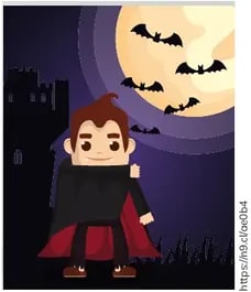 Vampiro con capa negra y roja frente a una gran luna llena con murciélagos. Recuadro celeste.
