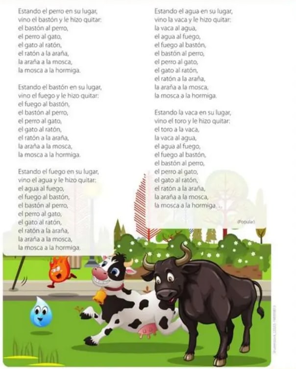 Parque con bastón, fuego, agua, vaca y toro.