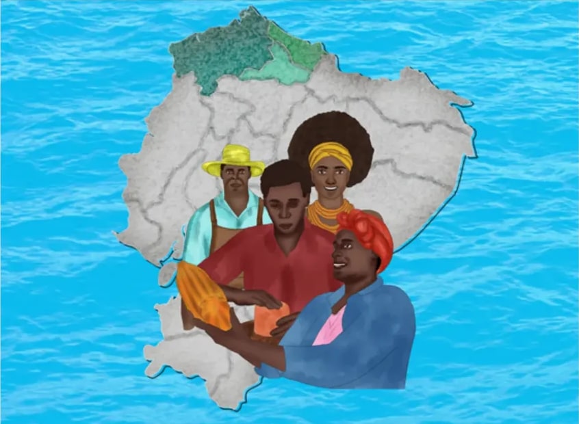 Ilustración de cuatro afroecuatorianos sobre el mapa silueteado de Ecuador rodeado de mar.