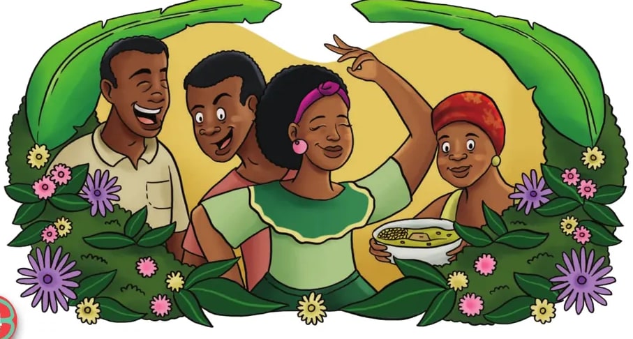 Ilustración a color de personas de la comunidad afroesmeraldeña, con sonrisas, vestimenta tradicional y entorno tropical (palmeras, flores).