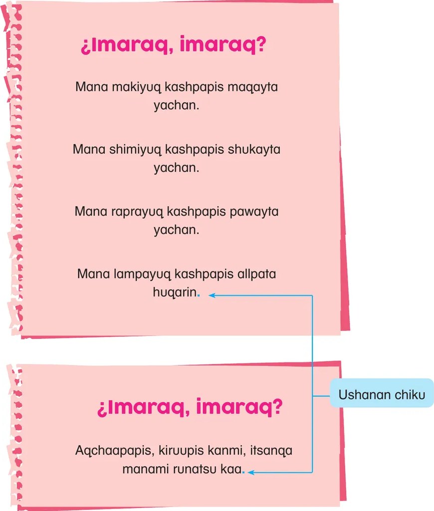 Segundo recuadro rosado con el mismo estilo decorativo y título '¿Imaraq, imaraq?' que contiene una sola oración en quechua (segunda adivinanza). El punto final está señalado con flecha hacia 'Ushanan chiku'.